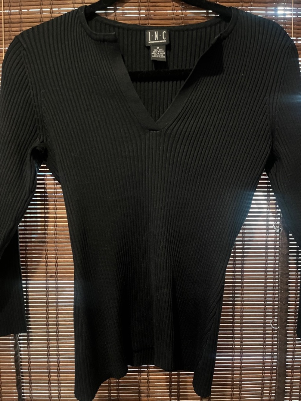 INC International Concepts Black Ribbed V-Neck Long Sleeve Sweater